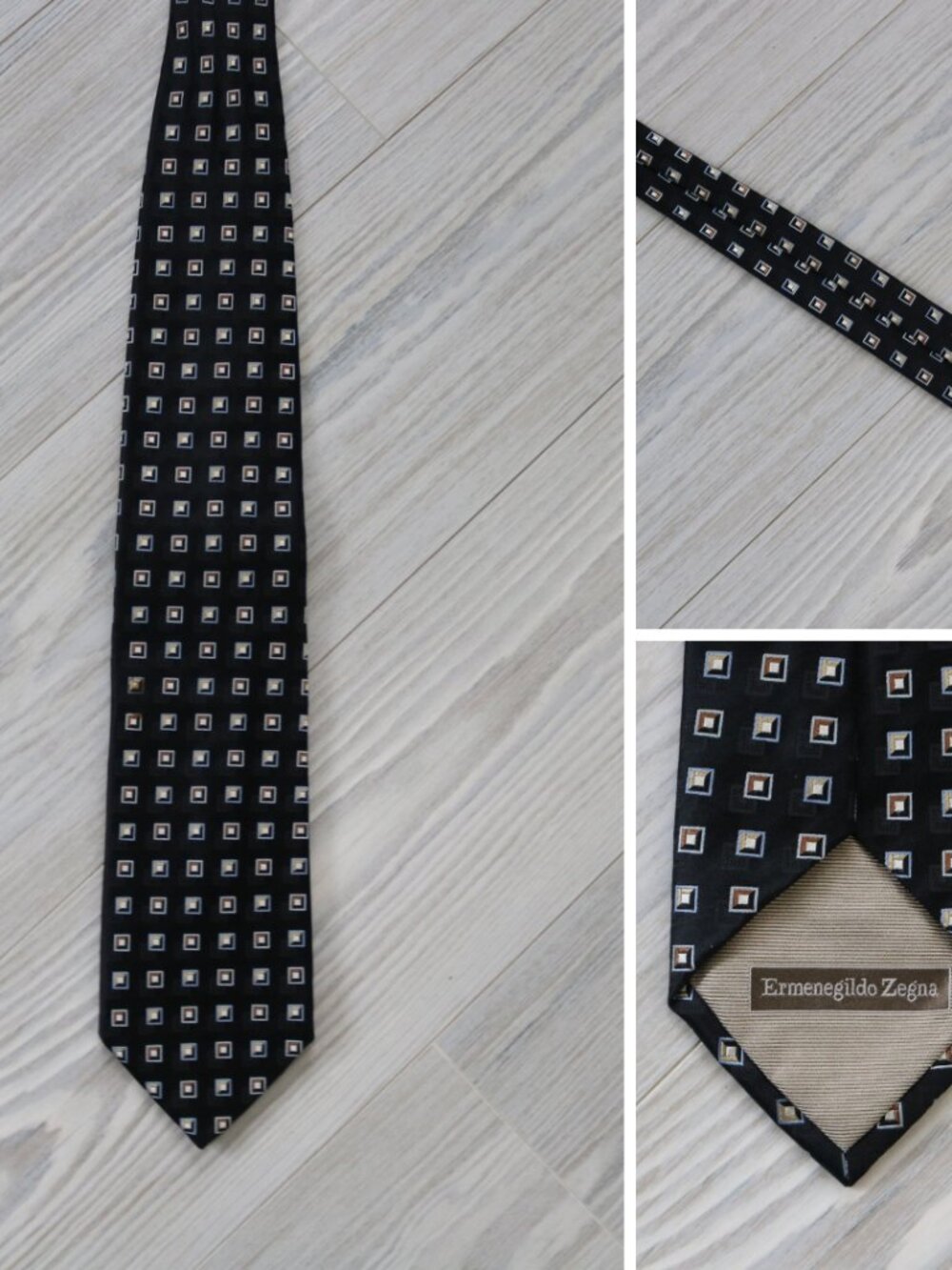 Ermenegildo Zegna Black Geometric Print Italian Silk Tie W 3.75" L 60" Formal